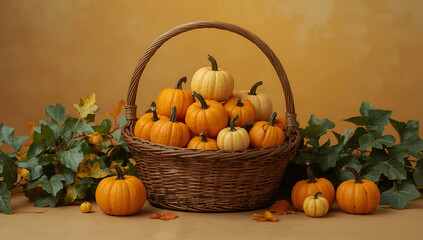 Harvest celebration wicker basket of pumpkins in a warm autumn background still life cozy setting seasonal beauty