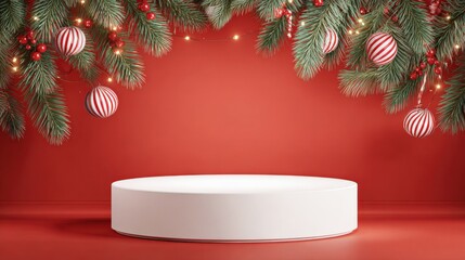 Festive Christmas Display Podium with Ornament and Pine Branch Decorations on a Red Background