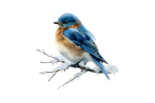 Watercolor Bluebird Perched on a Snowy Branch, Isolated on a Transparent Background