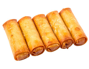 Five golden, crispy fried rolls, arranged diagonally, isolated against a transparent backdrop