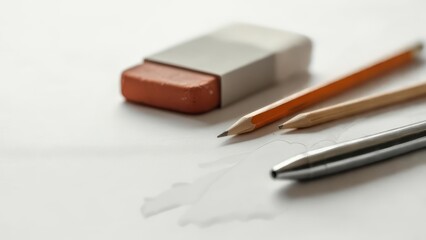 A close-up of pencils, eraser, and pen on white paper with sketches