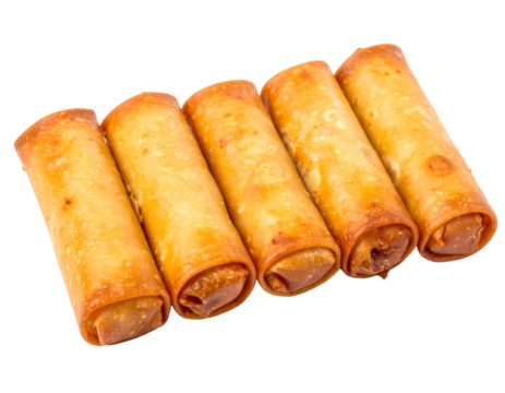 Five golden, crispy fried rolls, arranged diagonally, isolated against a transparent backdrop
