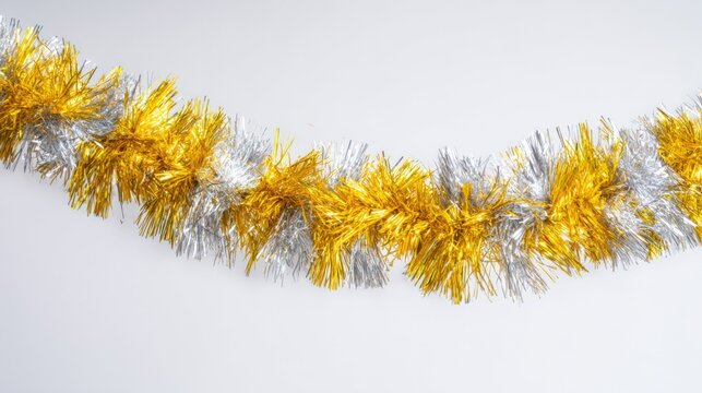 Festive Garland Decoration with Silver and Gold Tinsel on a White Background, Perfect for Holidays - Powered by Adobe