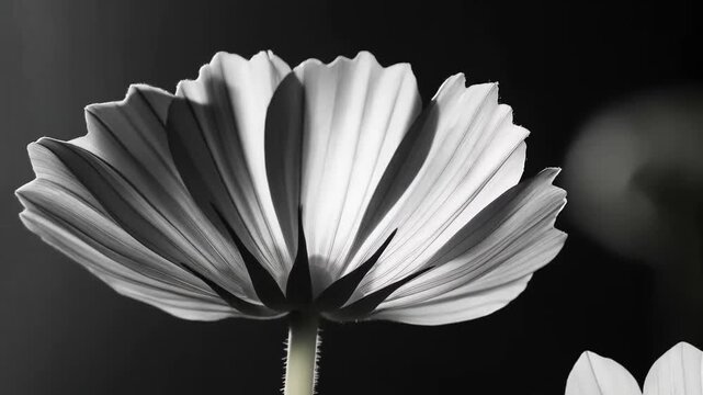Monochrome flower close up video, shows the details of the petals and stem, black and white