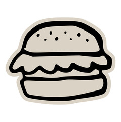 Burger sandwich scrapbook doodle sticker icon: hand drawn illustration of beef patty fast food, dinner meal, and minimal restaurant menu design