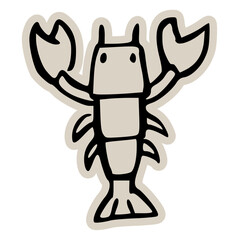 Lobster or crayfish seafood scrapbook doodle sticker icon: hand drawn illustration of marine food, crustacean, and minimal restaurant menu design