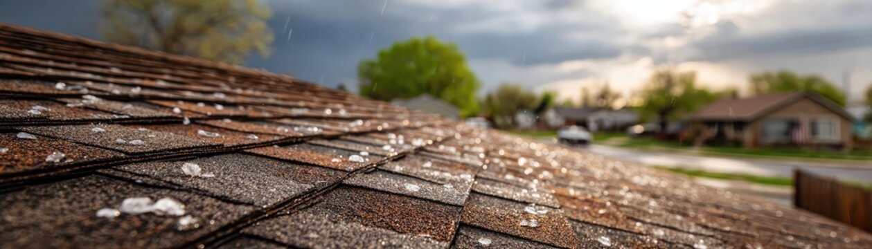 Roof with hail damage marked by inspection chalk concept. Close-up of a shingled roof with hail damage and cloudy sky.