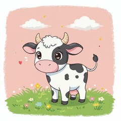 Charming Calf in the Meadow: A cute, cartoon-style calf with a mix of black and white spots stands on a grassy patch beneath a pastel pink sky adorned with clouds and whimsical hearts.