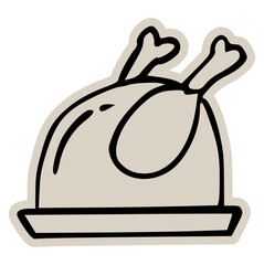 Whole roasted chicken scrapbook doodle sticker icon: hand drawn illustration of cooked poultry, grilled dinner food, and minimal restaurant menu design