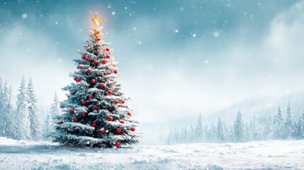 Obraz premium Festive Christmas Tree in Snowy Winter Landscape with Red Ornaments and a Golden Star Topper