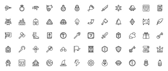Video Game Elements icon set. Pixel art style vectoricons pack. Includes spacegun, sword, shield, potion castle, crystal, coin, UF, monster and more game asets.
