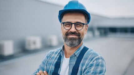 Construction worker smiling on rooftop urban setting professional portrait clear day confidence boost