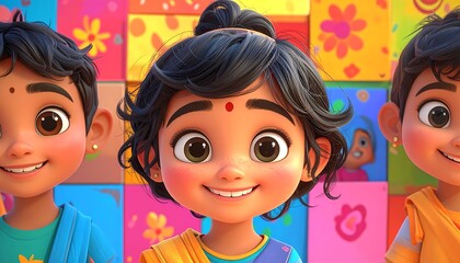 Three animated children smile against a backdrop of colorful squares
