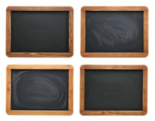 Four wooden framed chalkboards with various amounts of writing or smudging