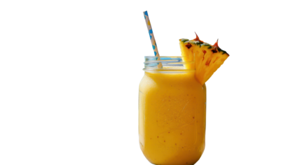 Juice in pineapple flavor served in glass among fresh pineapple fruit, PNG, isolated on transparent background.