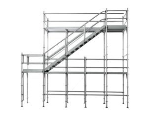 Metal scaffolding structure with stairs, designed for construction or maintenance access