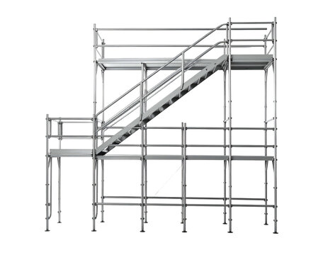 Metal scaffolding structure with stairs, designed for construction or maintenance access