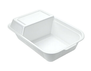 Empty white plastic food container with lid on black background
