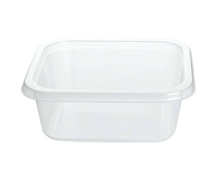 A transparent, square-shaped, plastic container, with slight curves on a black backdrop