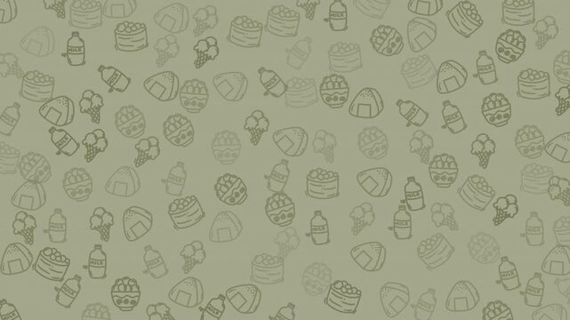 Faded japanese food sketches on tan background, ideal for design projects, menu illustrations, food blogs, and culinary promotions.