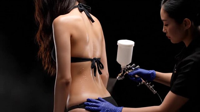 Tanning Session Asian Woman Applying Spray Tan on a Female Back with Blue Gloves in a Dark Studio Setting for Beauty Spa Advertisements and Skin Care Beauty Products Promotion and Body Treatment