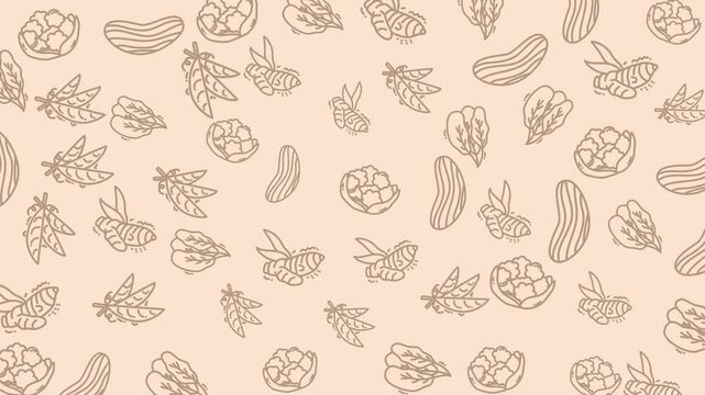 Doodle vegetable pattern featuring turmeric, peas, and lettuce, suitable for kitchenware, packaging, stationery, and fabric design projects