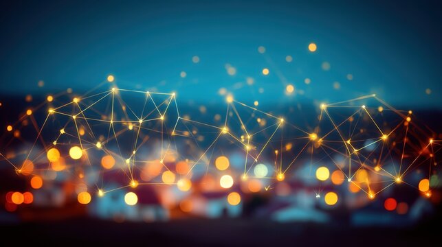 Network connections illuminated at night urban cityscape digital art vibrant environment aerial view technology concept