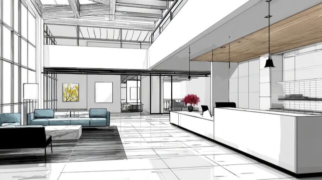 Sketchup for easy to use 3D modeling in architecture and interior design concept. Modern architectural design featuring an elegant reception area.