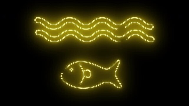 A neon yellow image depicts two wavy lines above a simple fish outline on a black background