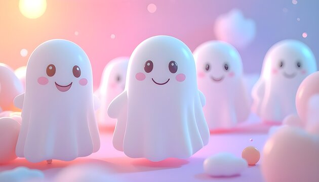 Minimal cute 3D illustration of white ghost-shaped balloons with smiling faces on pastel background, creating a cheerful Halloween theme - Powered by Adobe