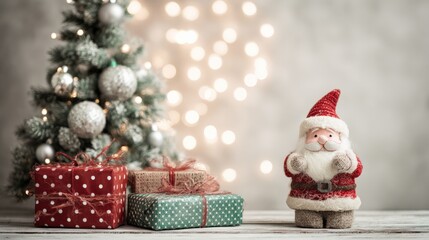 Obraz premium Festive Christmas Display with Miniature Santa, Decorated Tree, and Wrapped Presents for Holiday Celebration