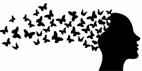 Conceptual artwork showcases a woman's silhouette with butterflies symbolizing thoughts, ideas, and transformation, perfect for mental health and wellness campaigns