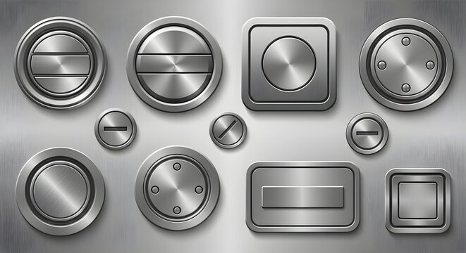 Collection of metallic buttons and dials with brushed metal texture