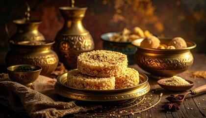 Korean Injeolmi Chewy Rice Cakes Dusted With Soybean Powder Served In Ornate Brass Bowls With Warm Lighting On A Wooden Table