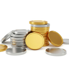 Stacks of Gold and Silver Coins - Financial Wealth and Investment, Isolated on White