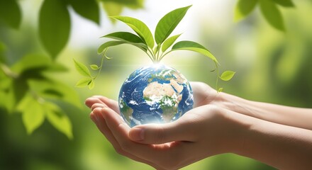 Caring hands nurturing a growing plant on planet Earth, representing a concept of global conservation and a green future