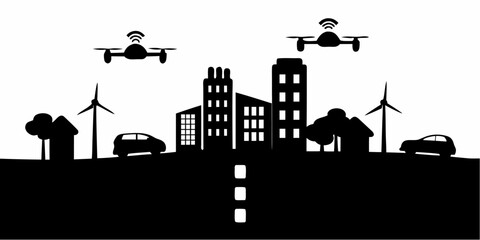 Futuristic city skyline featuring drones, wind turbines, and sleek cars conveys innovation and sustainable urban development in a modern setting