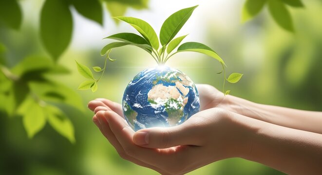 Caring hands nurturing a growing plant on planet Earth, representing a concept of global conservation and a green future