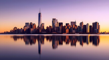 Captivating cityscape the new york city skyline reflected in calm waters at sunset, creating a stunning symmetrical view with warm, golden hues