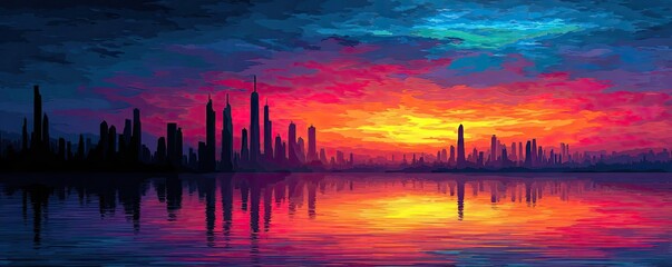 Panoramic cityscape with 5G and 6G networks twilight concept. A stunning sunset reflecting on a tranquil city skyline.
