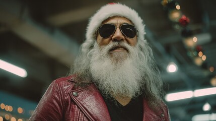 Cool Santa Claus with Sunglasses and Leather Jacket in Festive Setting Portrait