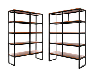 Two industrial-style shelving units, black metal frame, wood shelves, black background