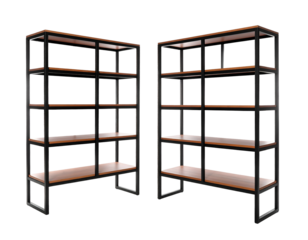 Two industrial-style shelving units, black metal frame, wood shelves, black background