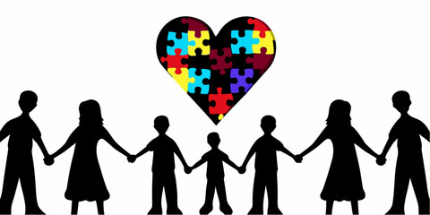 Inspiring autism awareness graphic featuring community of people holding hands under a colorful heart made of puzzle pieces, symbolizing support and understanding