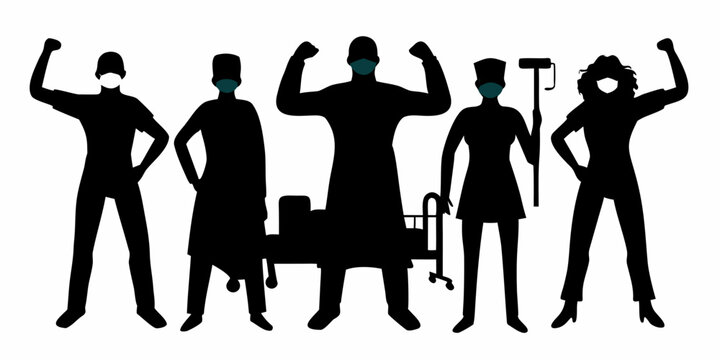 Dedicated medical staff silhouette wearing masks, standing strong and united, showing resilience during a health crisis, supportive team, determined doctors