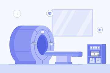 An illustration of a hospital diagnostic room with an MRI or CT scanner machine, a patient table, a viewing screen, and a storage cabinet, representing modern medical imaging.