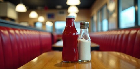 Retro Diner Booth Seating with Ketchup Bottle A slightly angled shot of an empty, plush red vinyl diner booth. A vintage glass ketchup bottle stands upright next to a salt and pepper shaker set on the
