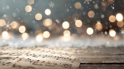 Festive Holiday Music: Sheet Music with Bokeh Lights and Snowflakes for Christmas Concerts