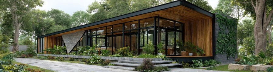 Fototapeta premium Sketchup for easy to use 3D modeling in architecture and interior design concept. Modern eco-friendly house surrounded by lush greenery and trees.