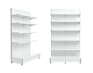 White display shelves, viewed from side and front, empty, for retail or storage